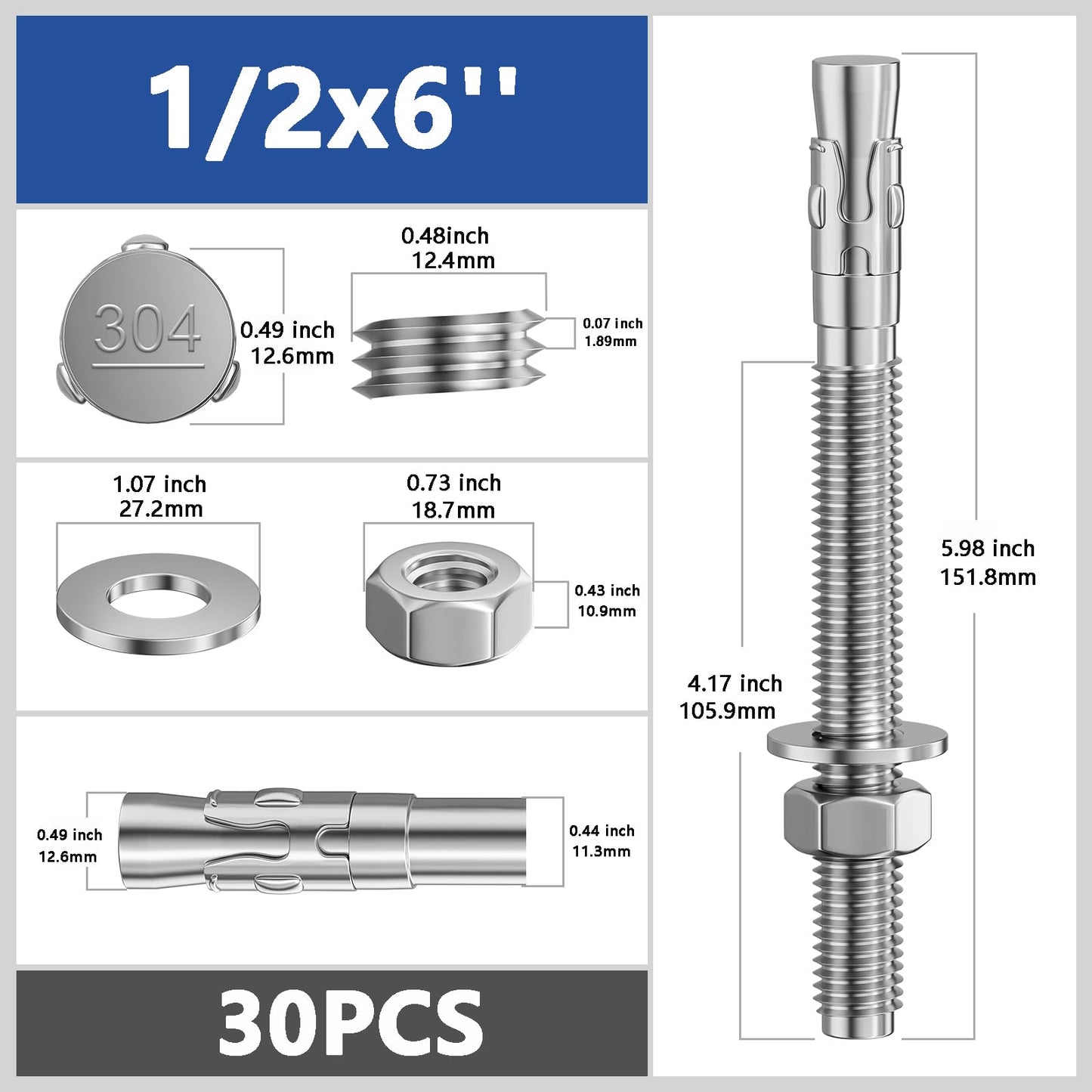 Wensilon 30Pcs 1/2x6 Inch Standard Fasteners for Heavy-Duty 304 Stainless Steel Wedge Anchors for Cement and Concrete