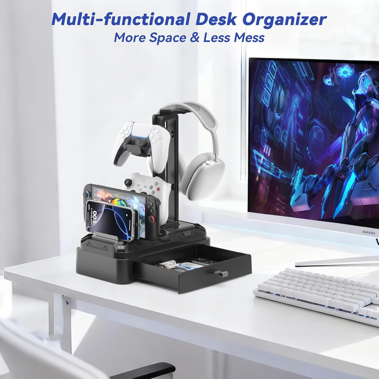 KDD Headset Headphone Stand with Drawer - Rotatable & Detachable Controller Holder for Desk - Multifunctional Organizer