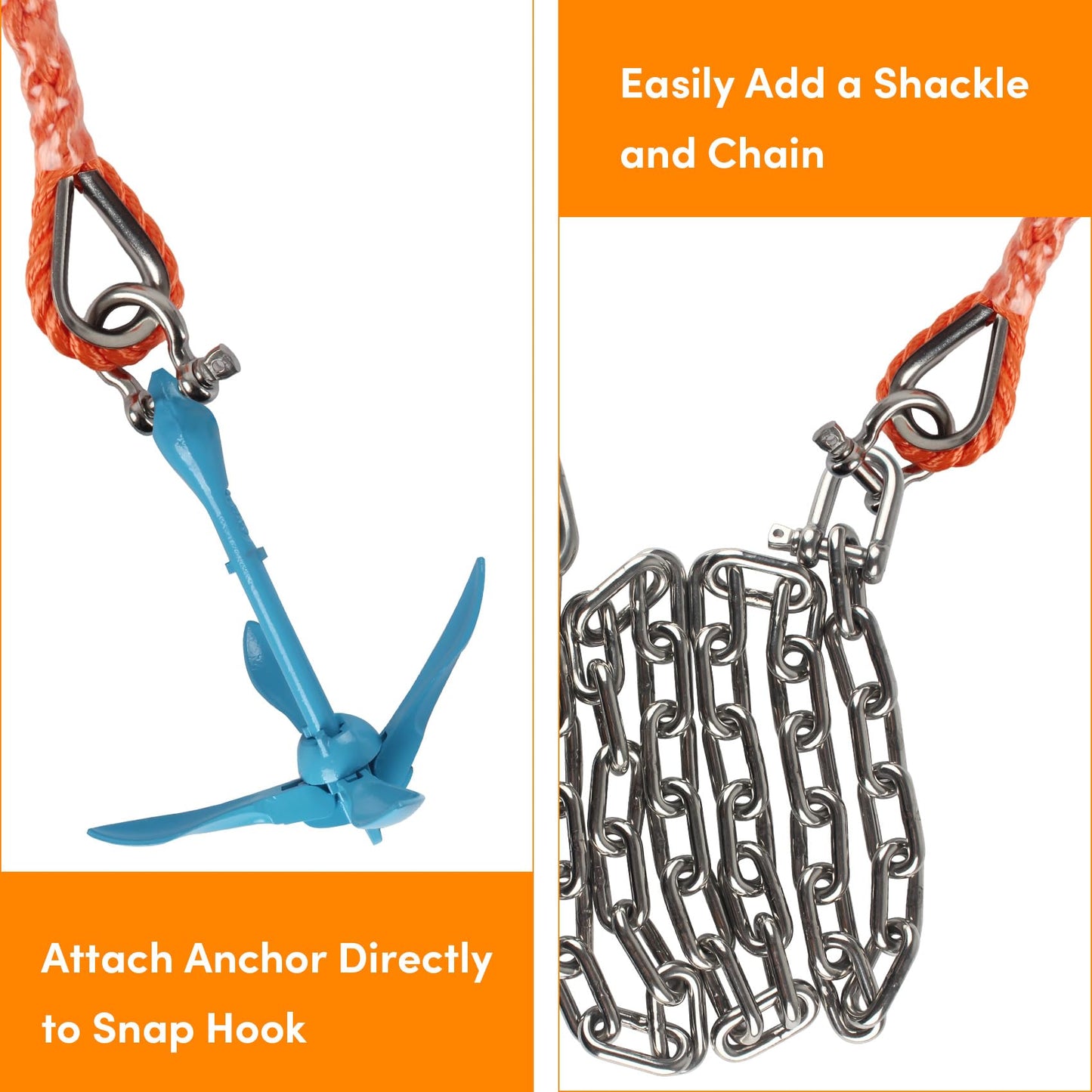 Anchor Rope 50 ft X 1/2 inch, 3-Strand Twisted Nylon Anchor Line, Boat Rope with Stainless Steel Thimble and Shackle for Boating, Anchoring, Mooring,Pulling (Orange)
