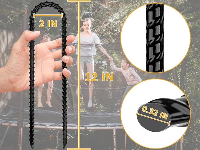 RIY Trampoline Stakes Anchors High Wind 12'' Ground Anchor Heavy Duty Tent Stakes Swing Set Anchors Trampoline Accessories with T Hook - Black 12pcs