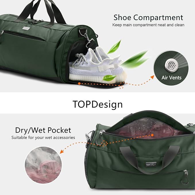 TOPDesign Gym Bag for Women & Men, Unisex Duffel Bag with Shoe Compartment & Wet Pocket for Travel Sports Gym (M Green)