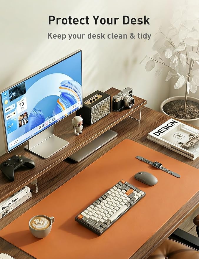 Aothia Faux Leather Desk Mat - Large Mouse Pad, Non-Slip PU Leather Blotter, Waterproof Writing Surface for Office and Home (Hermes Orange, 55" x 17")