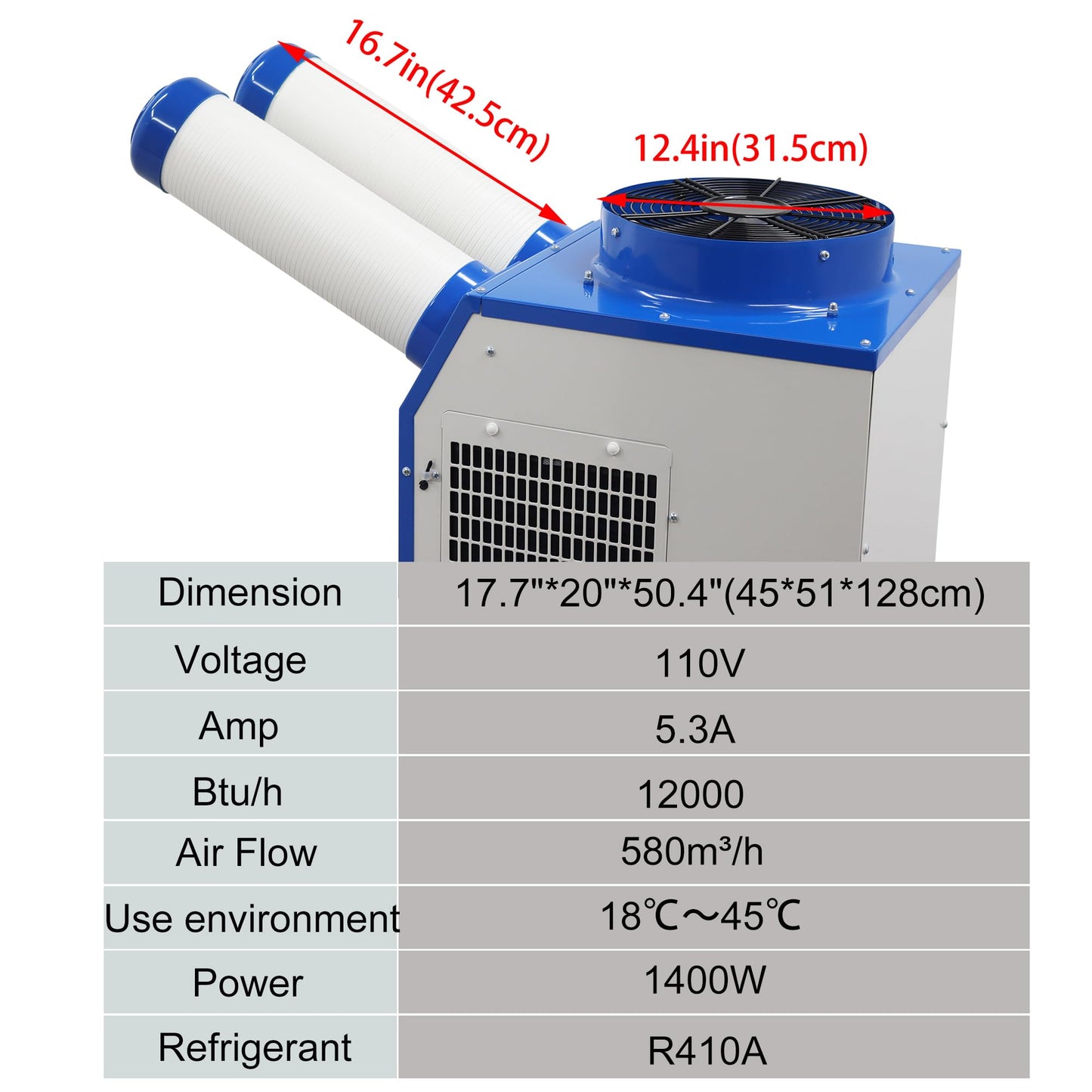 HQHAOTWU Industrial Air Conditioner Outdoor Indoor Spot Mobile Air Cooler 580m³/h Commercial Aircon with Two Outlet Tubes 110V