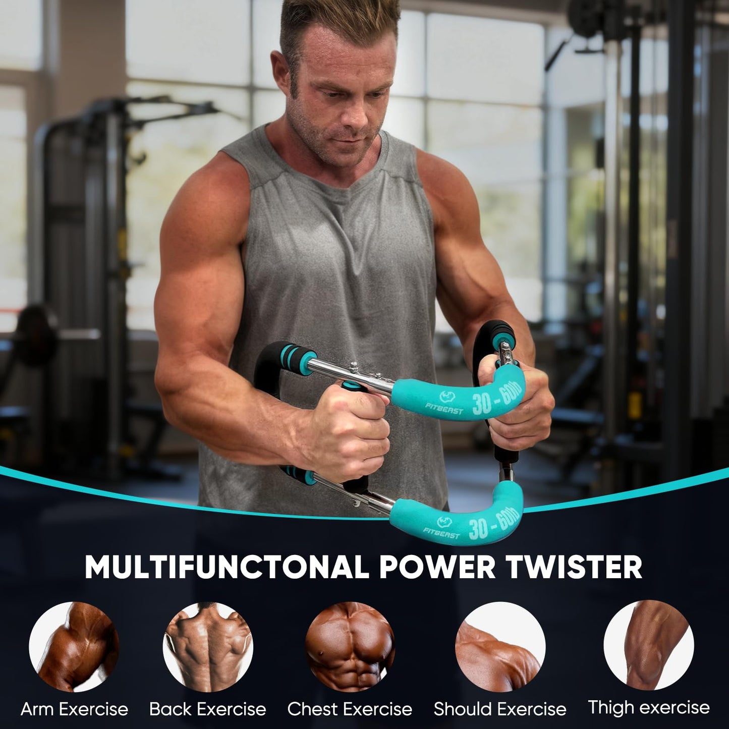 FitBeast Twister Arm Trainer, 4 Progressive Resistance Levels (30-120 lbs), 4-Spring Adjustable Arm & Chest Workout Equipment, Upper Body Strength Training Equipment for Home Gym (Blue)