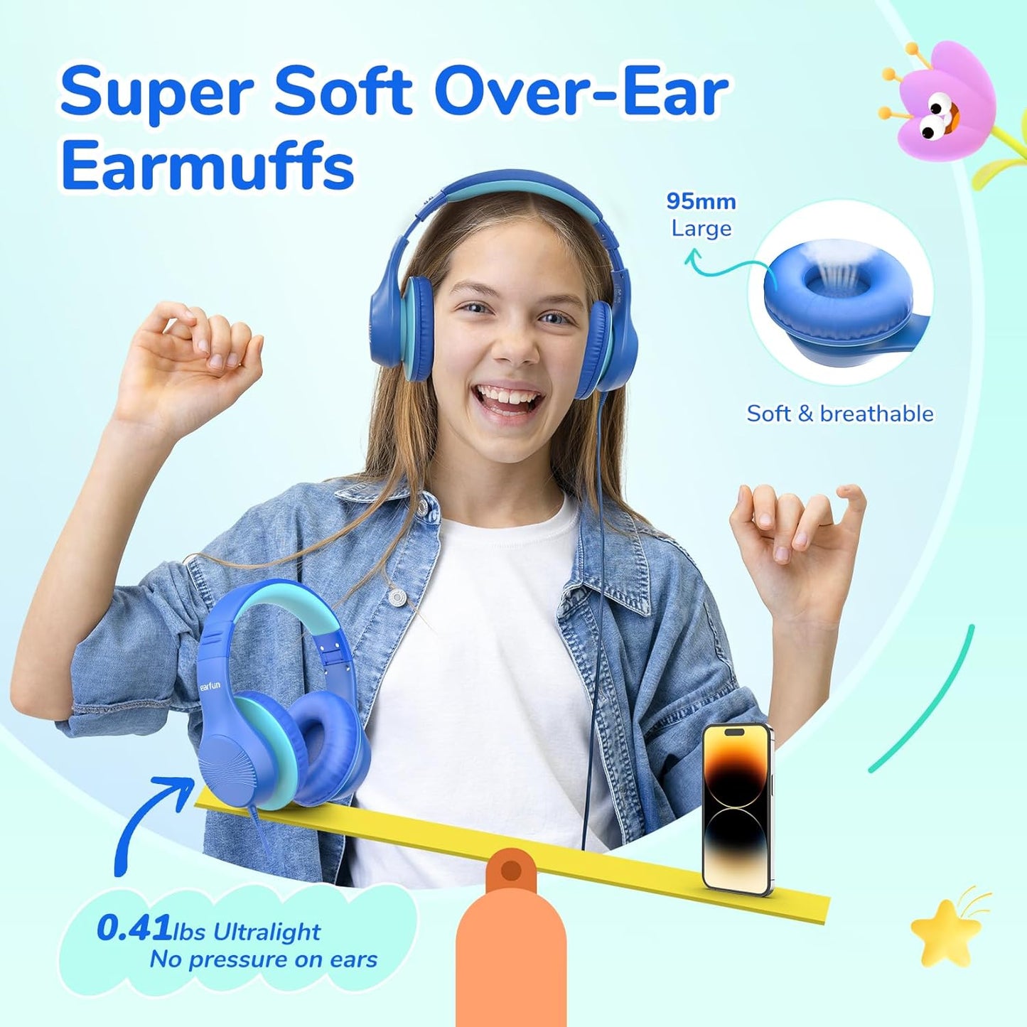 K3 EarFun Kids Headphones, USB Type C Over Ear Headphones for Kids, Volume Limit, HD Stereo Sound, Comfortable Fit