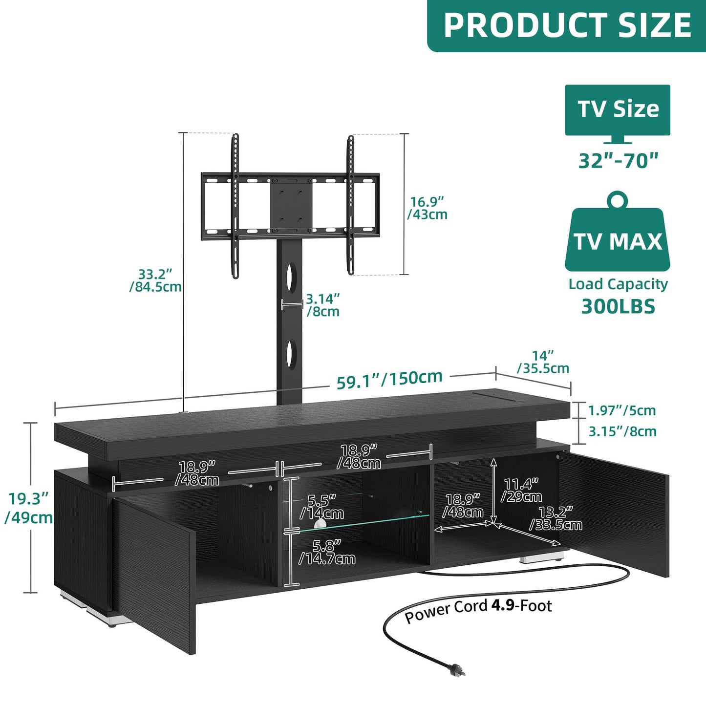 YITAHOME Black TV Stand for Living Room with Height Adjustable Mount, Modern TV Stand for 70/65 Inch TV, LED Entertainment Center with Storage, Media Console Cabinet, Black