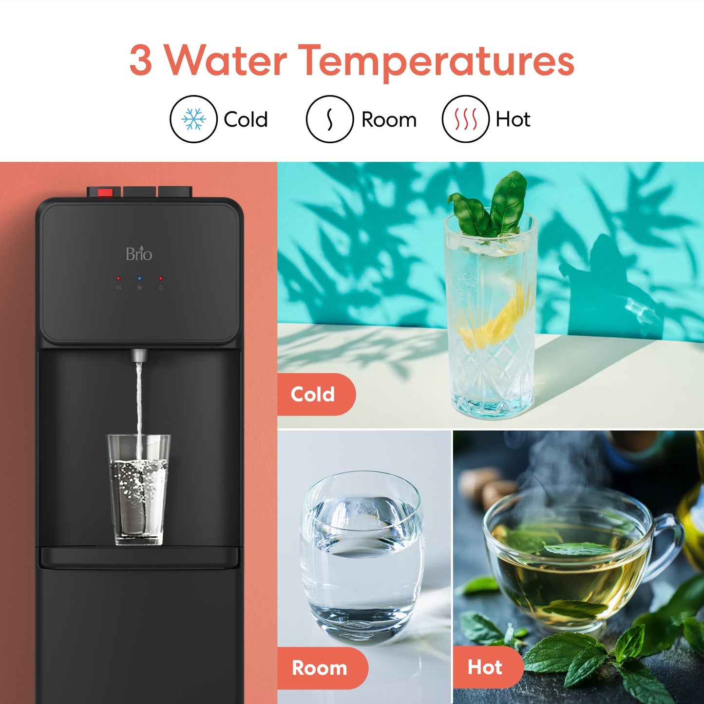 Brio 130 Series Bottom Load Water Cooler Dispenser for 5 Gallon Bottles, Hot, Room & Cold, Great for Home or Office, Child Safety Lock, Empty Bottle Alert, Energy Star 3.0, Black