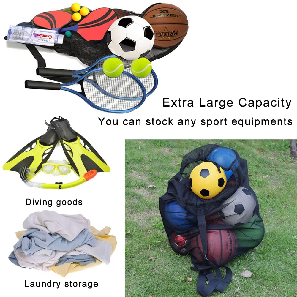 Rudmox Heavy Duty Mesh Ball Bag, Drawstring Sport Equipment Storage Bag for Basketball, Soccer, Sports Beach and Swimming Gears with Adjustable Shoulder Strap Outdoor Organizer (Black-XL)