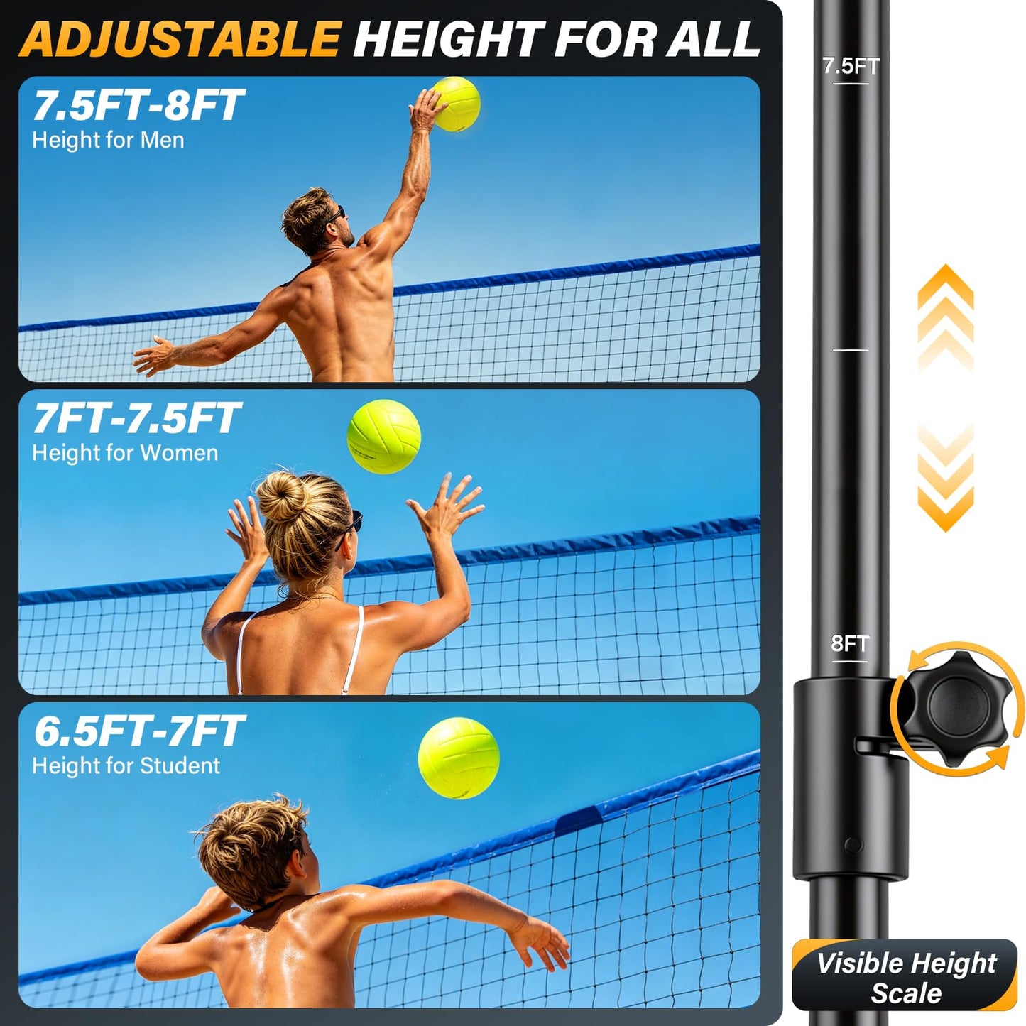 Volleyball Training Net Equipment System, Freely Adjustable 2-in-1 Volleyball Practice Net for Serve Spike Hitting Training, Stable Frame Fast Setup Portable Volleyball Net for Backyard Indoor Outdoor