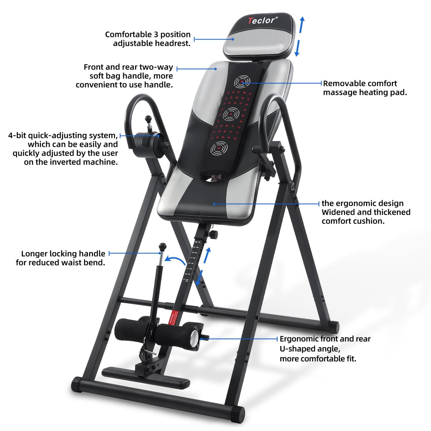 Teclor Inversion Table,Advanced Heat and Massage Function,Strength Training Inversion Table for Back Pain Relief,Heavy Duty Inversion Table 350 lbs Capacity with Wider and Thickened Backrest