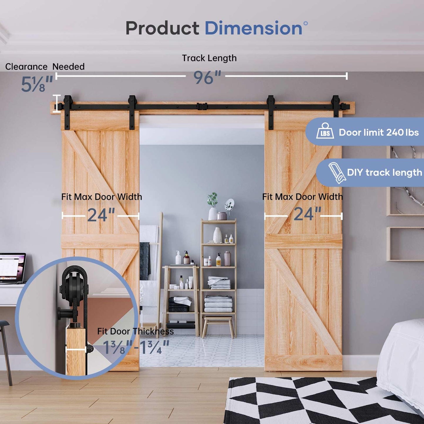 EaseLife 8 FT Double Door Sliding Barn Door Hardware Track Kit,Basic J Pulley,Heavy Duty,Slide Smoothly Quietly,Easy Install (8FT Track Kit for Double 24" Wide Door)