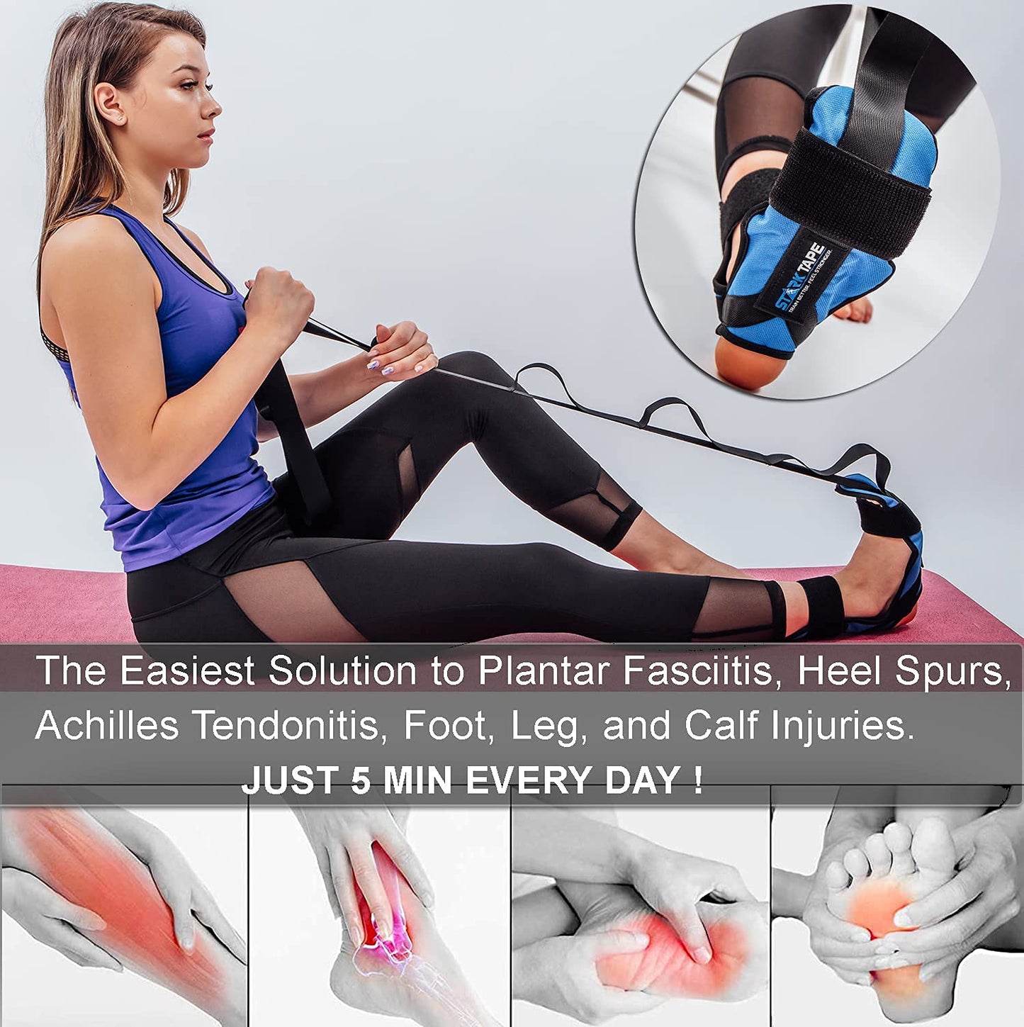 Starktape Foot and Leg Stretcher. Stretching Strap Loops for Plantar Fasciitis, Heel Spurs, Foot Drop, Hamstring, Quads. Improve Strength, Stretches, Achilles Tendonitis Stretch and Calf Pain Relief