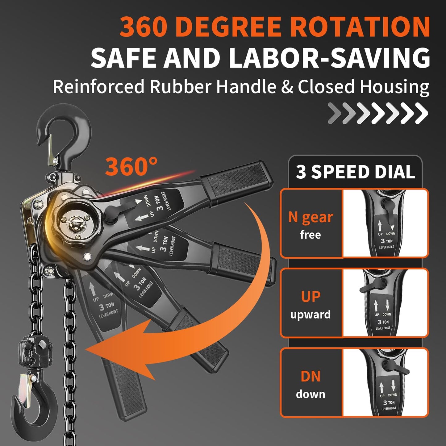 Manual Chain Hoist, 3 Ton (6600 lbs) Capacity, 10 FT Lift, Galvanized Steel Construction, Double Pawl Brake & 360° Swivel Hook for Garage, Workshop, Factory, Dock (Black, 3T-3m)