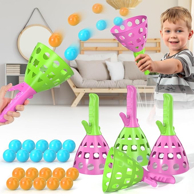 Pop Pass Catch Ball Game Set – 4 Launchers, 20 Balls, Toss and Catch Outdoor Toys for Kids Ages 3-8, Indoor Yard Beach Pool Game, Party Favor for Kids Adults