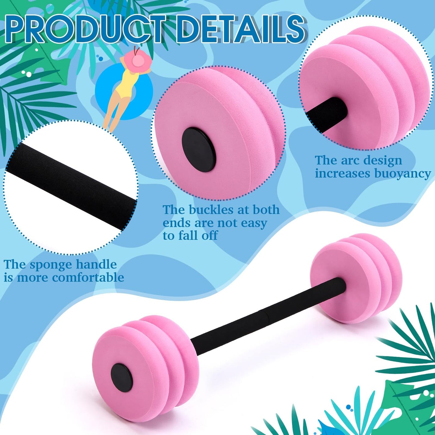 Soulchen Long Aquatic Exercise Dumbbells Foam Water Weights Dumbbell Aquatic Pool Barbells with High Density EVA Foam for Swim Water Aerobics Workouts Loss(Pink,25.2 Inch)