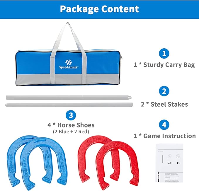 Horseshoes Outside Game Set - Universal Size Lawn Horseshoes Outdoor Games for Parties Beach Backyard, Includes 4 Horseshoes, 2 Steel Stakes and Durable Carrying Bag