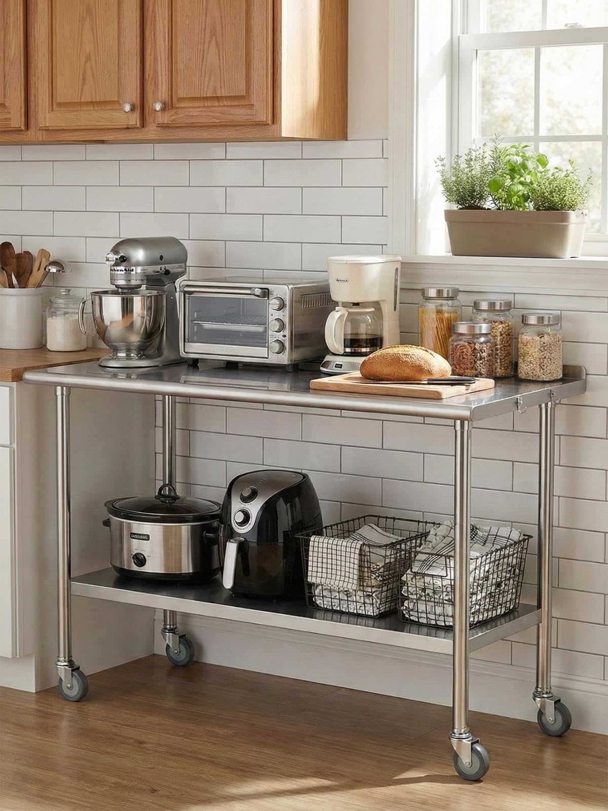 Atelicf All-Stainless Steel Prep Table, 24 x 48 Inch, with Rounded-Corner Backsplash, Casters and Adjustable Undershelf, Heavy-Duty Build for Outdoor Use, Restaurants, Kitchens, Gardens, and Garages