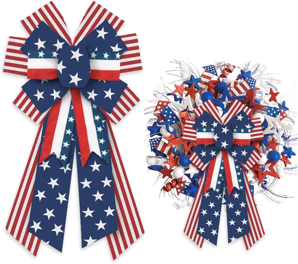 Threetols Patriotic Wreath Bows - Large Burlap Red, Blue & White Stripe for 4th of July Decor