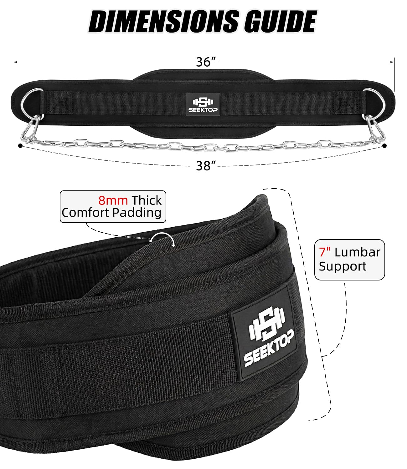 Seektop Dip Belt for Weightlifting - GYM Workout Pull Ups Belt with Chain, Neoprene Waist Dip Belt Crossfit for Weight Lifting, Squat, Training, Fitness, Men & Women (Belt & Chain) (Black)