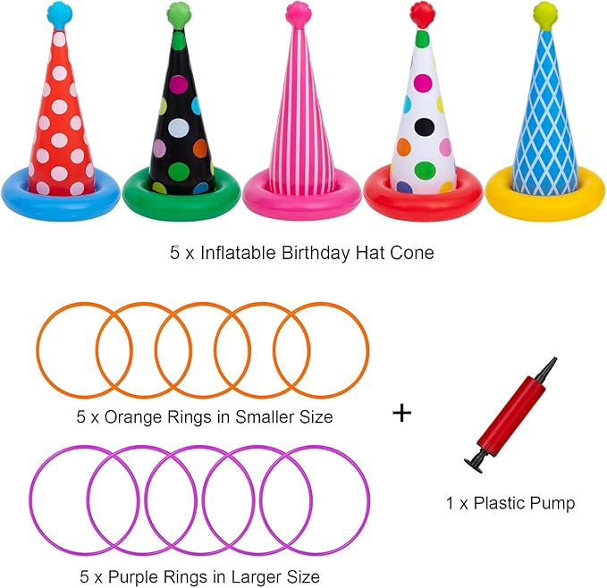 Inflatable Ring Toss Game, Birthday Party Games Ring Toss Game for Kids Adults Birthday Party Decorations Lawn & Yard Games Toys for Family 5-Pack with 10 Plastic Rings