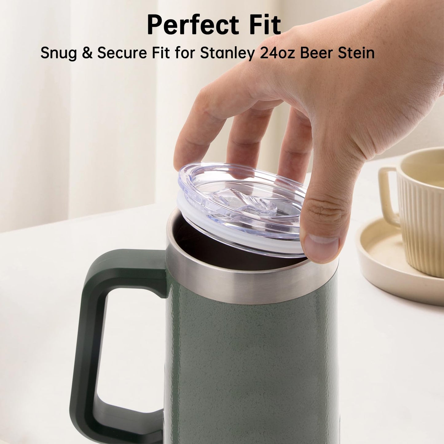 Replacement Lid Compatible with Stanley 24oz Classic Beer Stein, Clear Replacement Spill Proof Cup Lids with Sealing Silicone Ring, BPA-Free, Dishwasher Safe for Drinking Cup Cover