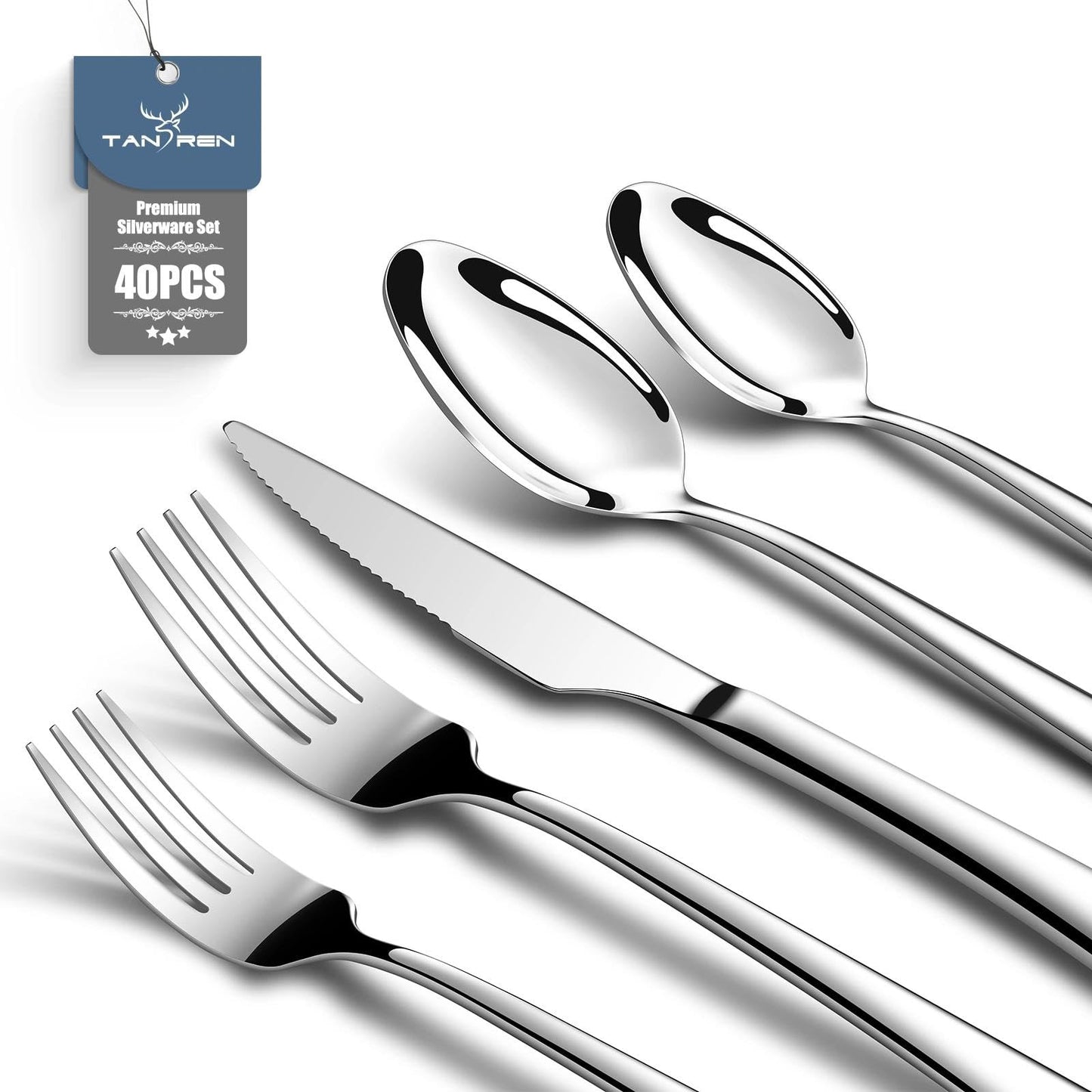 TAN REN Silverware Set for 8, 40-Piece Stainless Steel Flatware Sets, Heavy Duty Forks and Spoons Silverware Set with Dinner Knives, Mirror Polished Cutlery Sets, Dishwasher Safe Kitchen Utensils