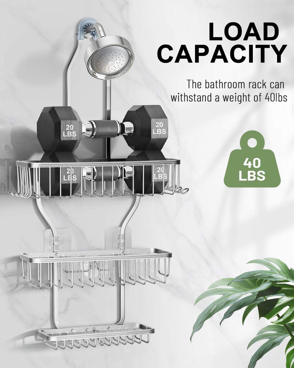 Regine Switzerland Shower Caddy - Rust-Free Aluminum Hanging Organizer with 6 Hooks for Razors & Sponges | Silver