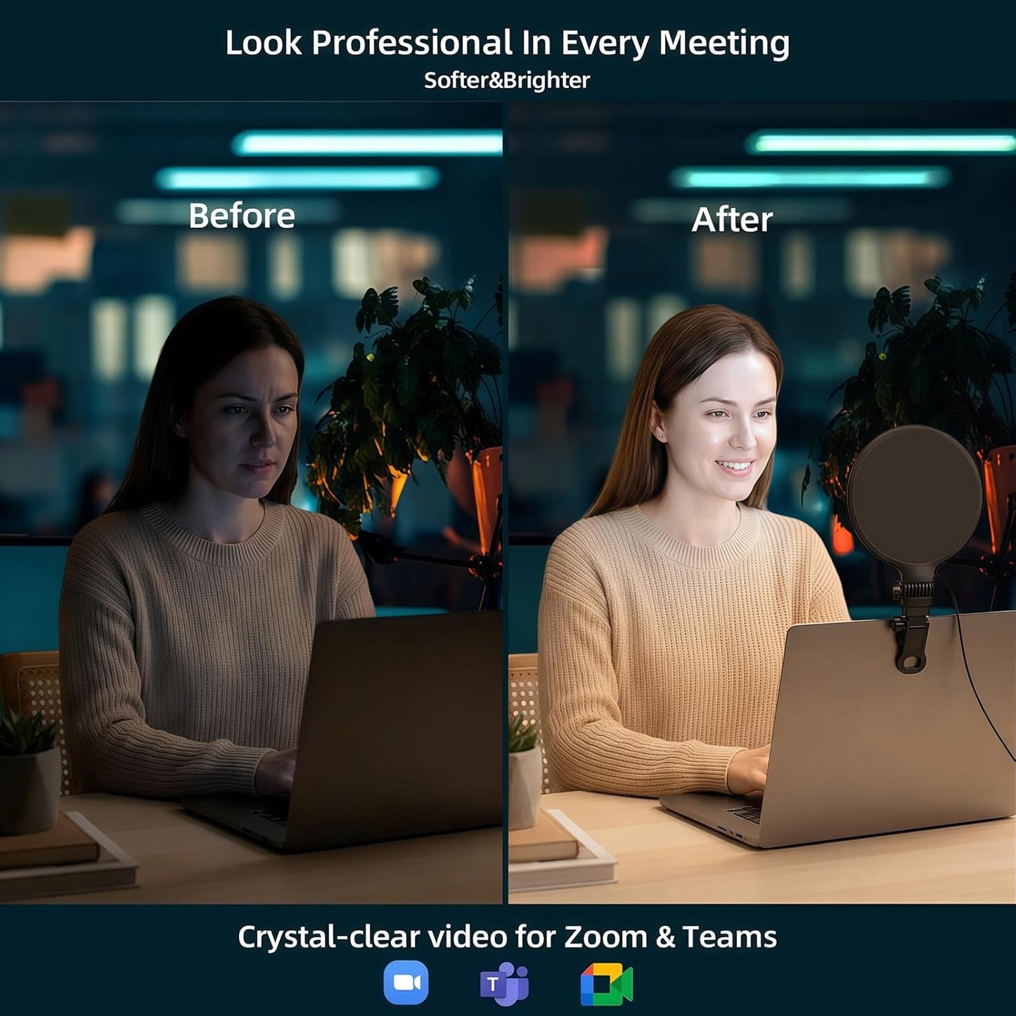 Yolulaya 6in Dimmable 3200K-6500K Computer Video Conference Lighting for Zoom: Ring Light with Monitor Clip & Desk