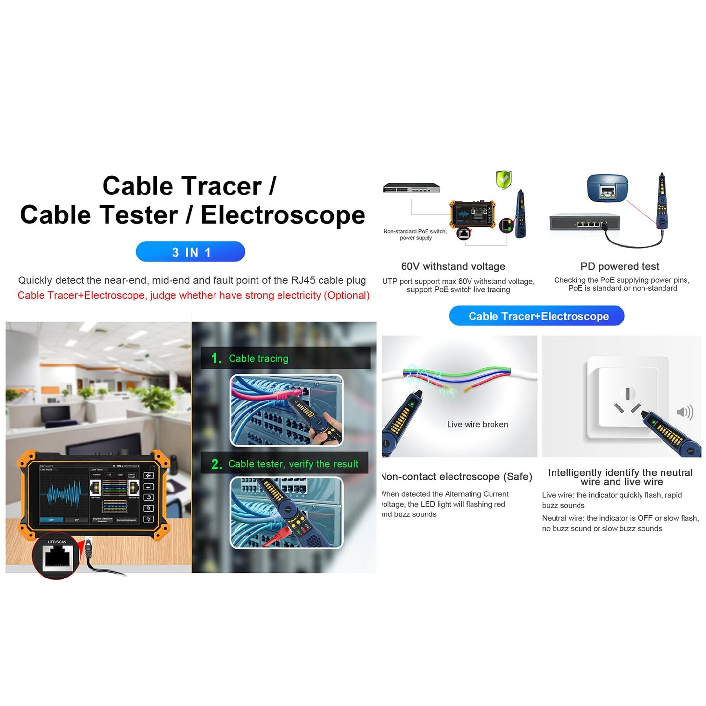 OTDR Fiber Optic Tester, WANLUTECH Fiber Tester 1310/1550nm 28/26dB 5.4 inch Touchscreen Event Map OPM OLS VFL Support 4K IP Camera Test Cable Tracer RJ45 Cable TDR Test PoE Power Output Network Tools