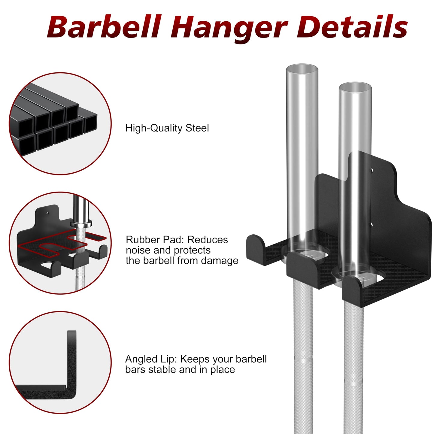 Rumoid 4 Pack Wall Mounted Weight Plate Holder and 1 Pack 2 Hooks Barbell Hanger, Weight Plate Holder for 2" Weight Plates, Vertical Barbell Holder With Protective Rubber Pad for Garage Home Gym