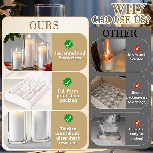 Homjoy 36 PCS White Pillar Candles Set - Glass Holders & Hurricane Vases for Weddings, Events, Home Office