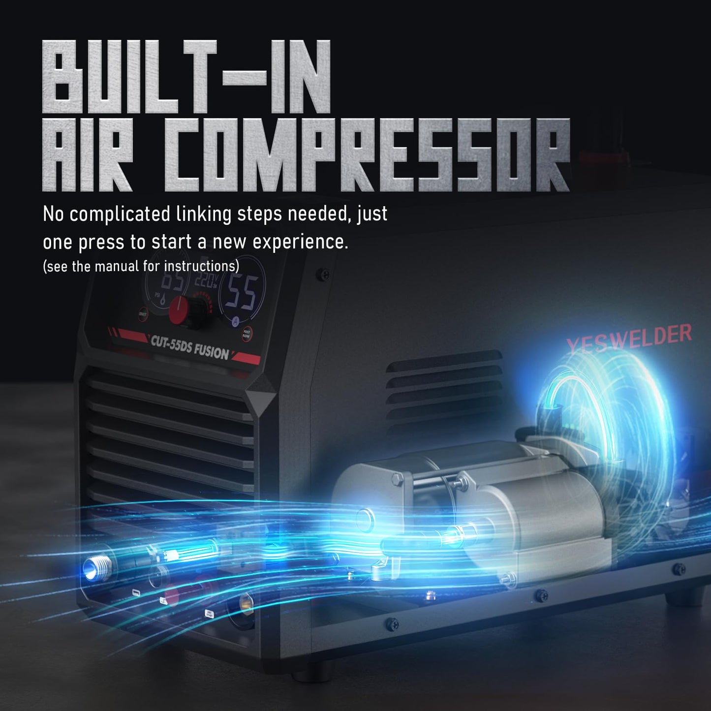YESWELDER Plasma Cutter with Built In Air Compressor, Large LED Digital Display 55Amp 110V/220V Non-High Frequency Non-Touch Pilot Arc Plasma Cutting Machine CUT-55DS FUSION