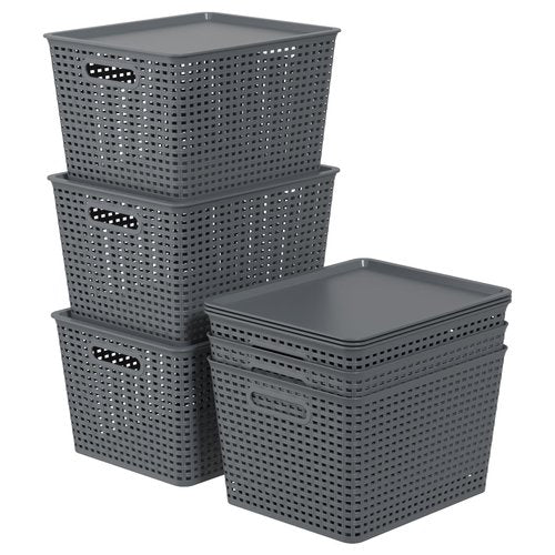 Gainhope 6-Pack Large Plastic Storage Baskets with Lid, 13.98" x 11.57" x 8.66", Stackable Storage Container Organizer Bins for Office, Bathroom, Kitchen, Pantry, Gray