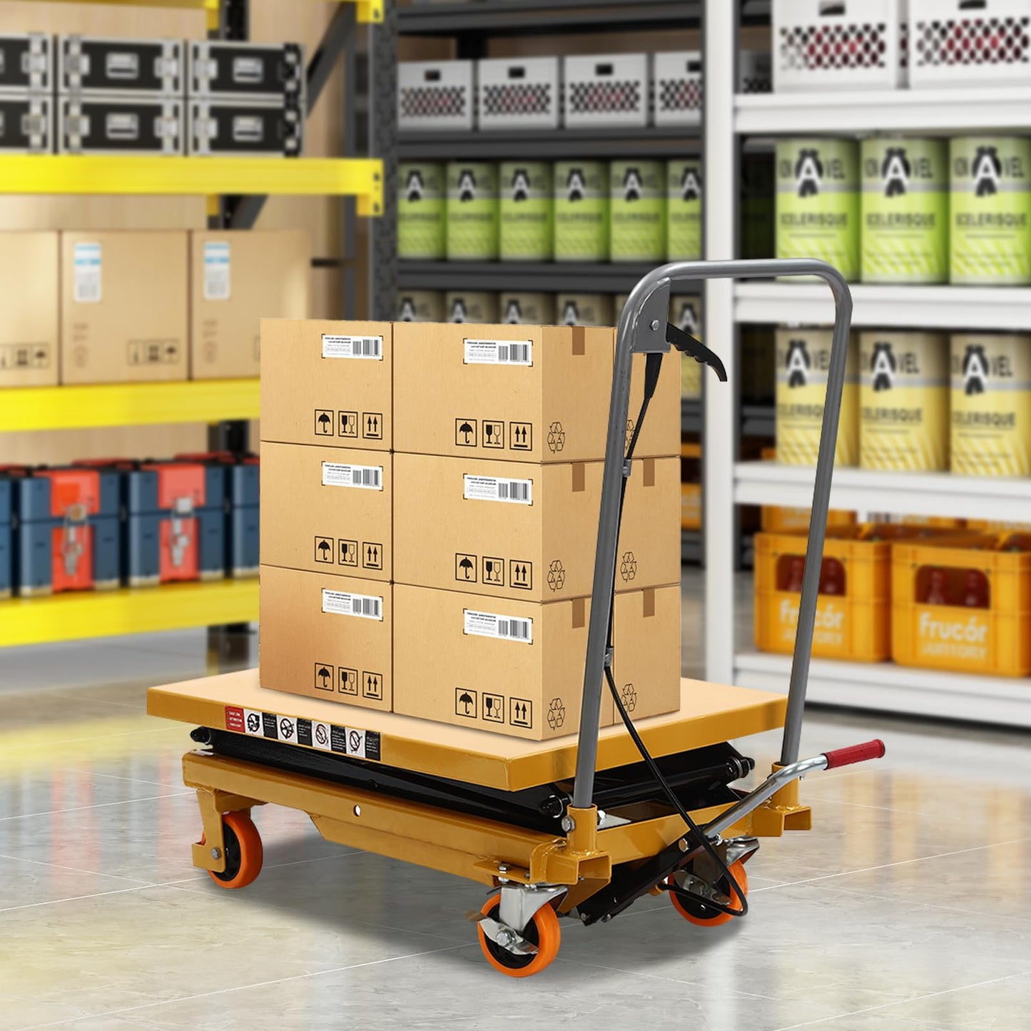 Hydraulic Lift Table Cart, 330lbs Capacity 45" Lifting Height, Double Scissor Lift Table w/ 4 Wheels and Foot Pump, Elevating Hydraulic Cart for Material Handling and Transportation, Yellow