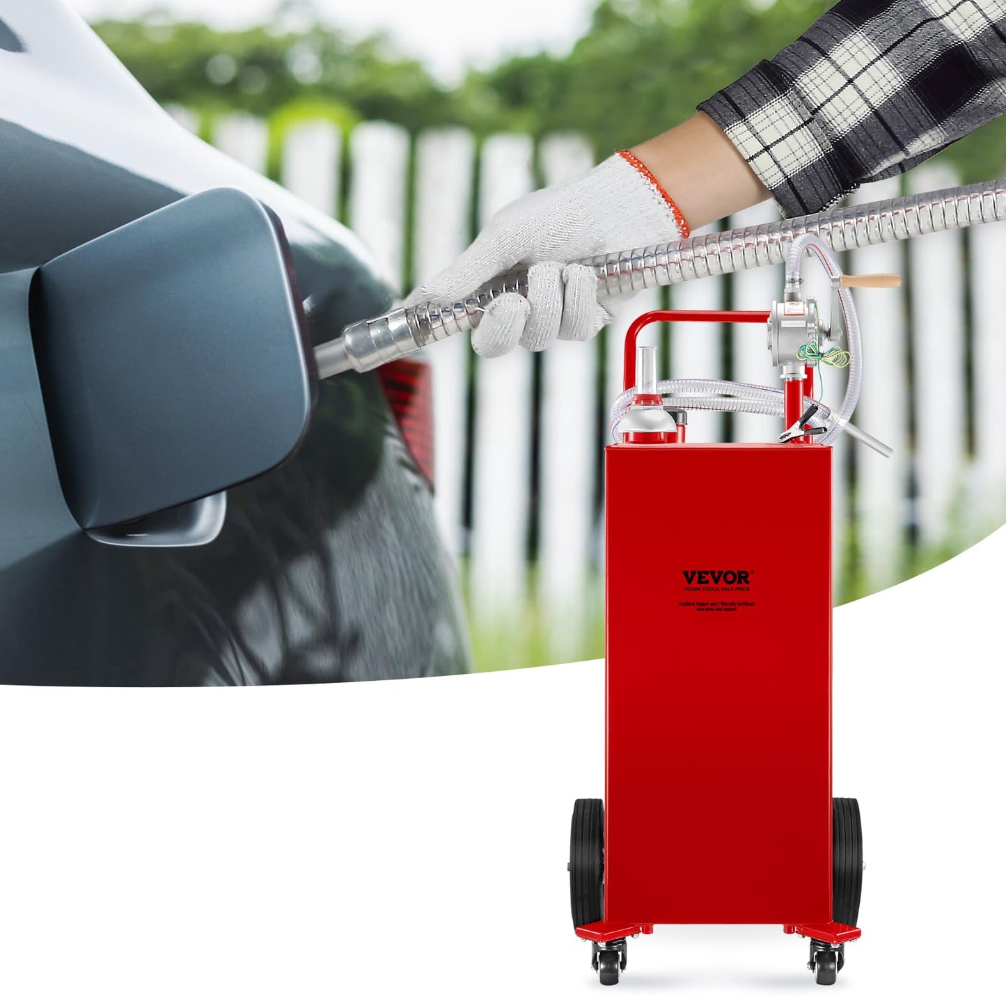 VEVOR Fuel Caddy 35 Gallon, Gas Storage Tank on 4 Wheels, with Manual Transfer Pump, Gasoline Diesel Fuel Container for Cars, Lawn Mowers, ATVs, Boats & More, Red