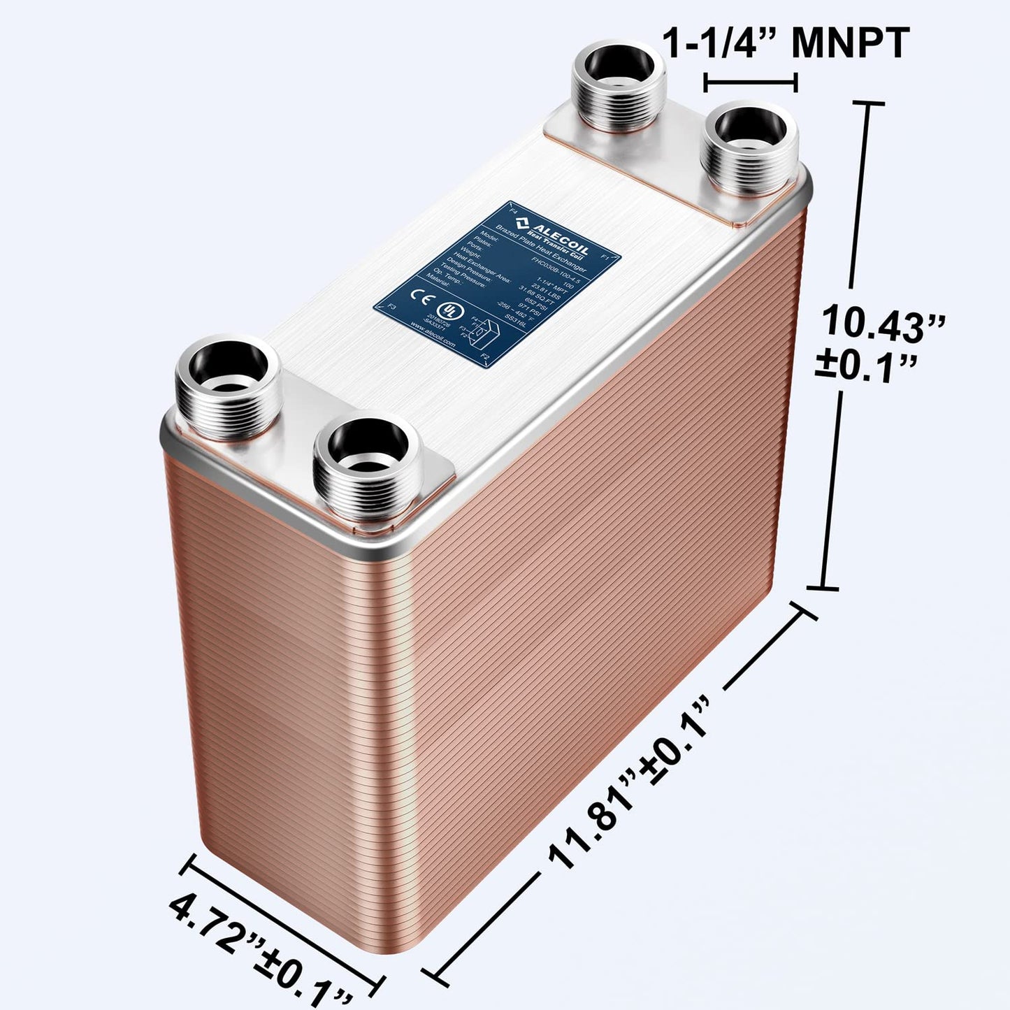 ALECOIL 5"x12"-100 Plates Heat Exchanger with 1-1/4" MPT Port Water to Water 316L Stainless Steel Brazed Plate Heat Exchanger for Water Heating, Floor Heating, Commercial Refrigeration(5"X12"-100P)
