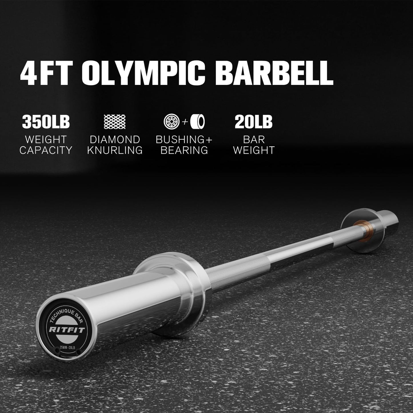 RITFIT Olympic Barbell 4ft/6ft - 2 Inch Weight Bar for Strength Training, Weightlifting, Squat, Deadlift, Bench Press, Curl, Overhead Press - 350lbs/500lbs Capacity 4FT Silver with Collar
