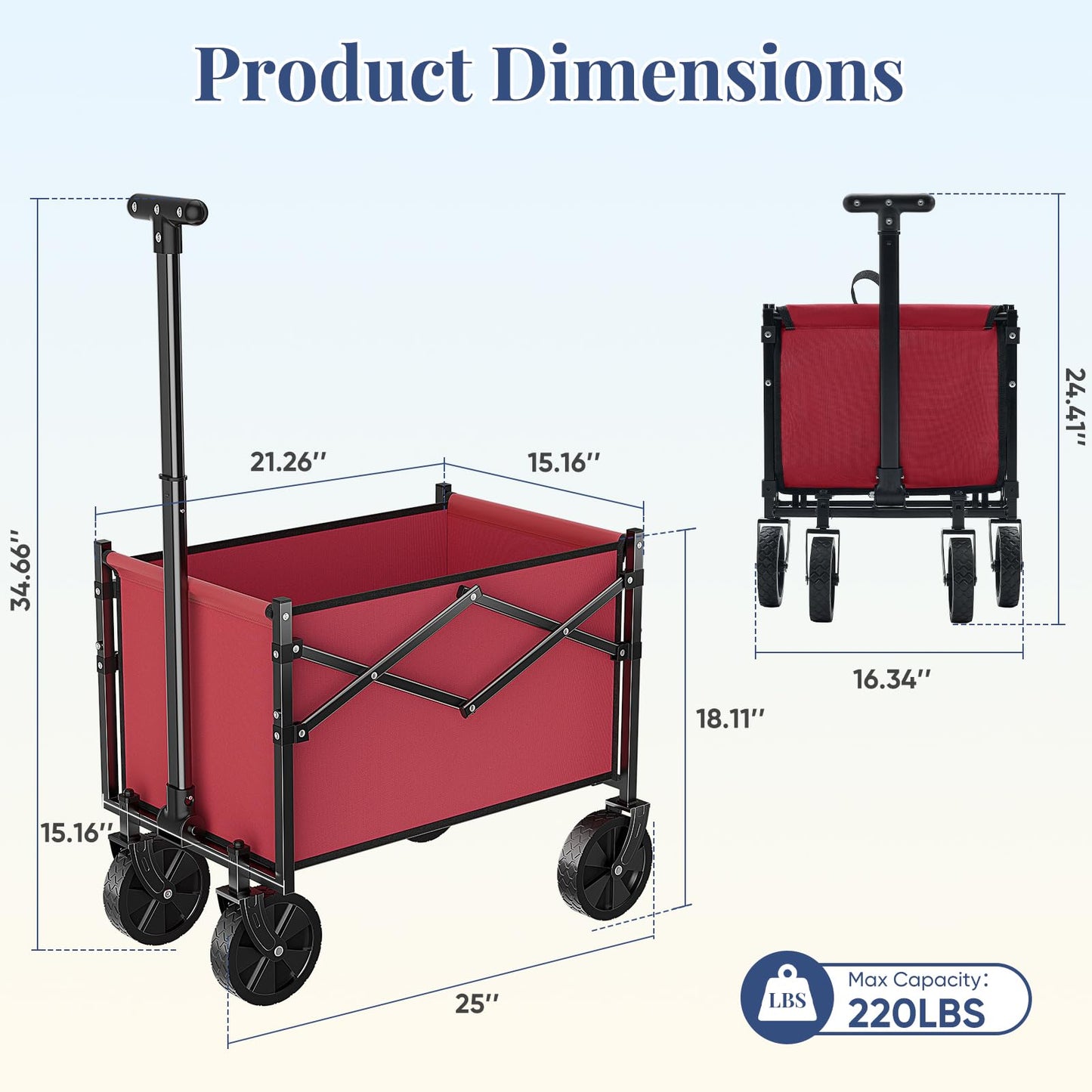 DUMOS Collapsible Wagon with Wheels, 220LBS Wagons Carts Foldable Small Wagon Cart with Flexible Handle, Lightweight Portable Folding Utility Grocery Shopping Cart for Sports Garden Camping, Red