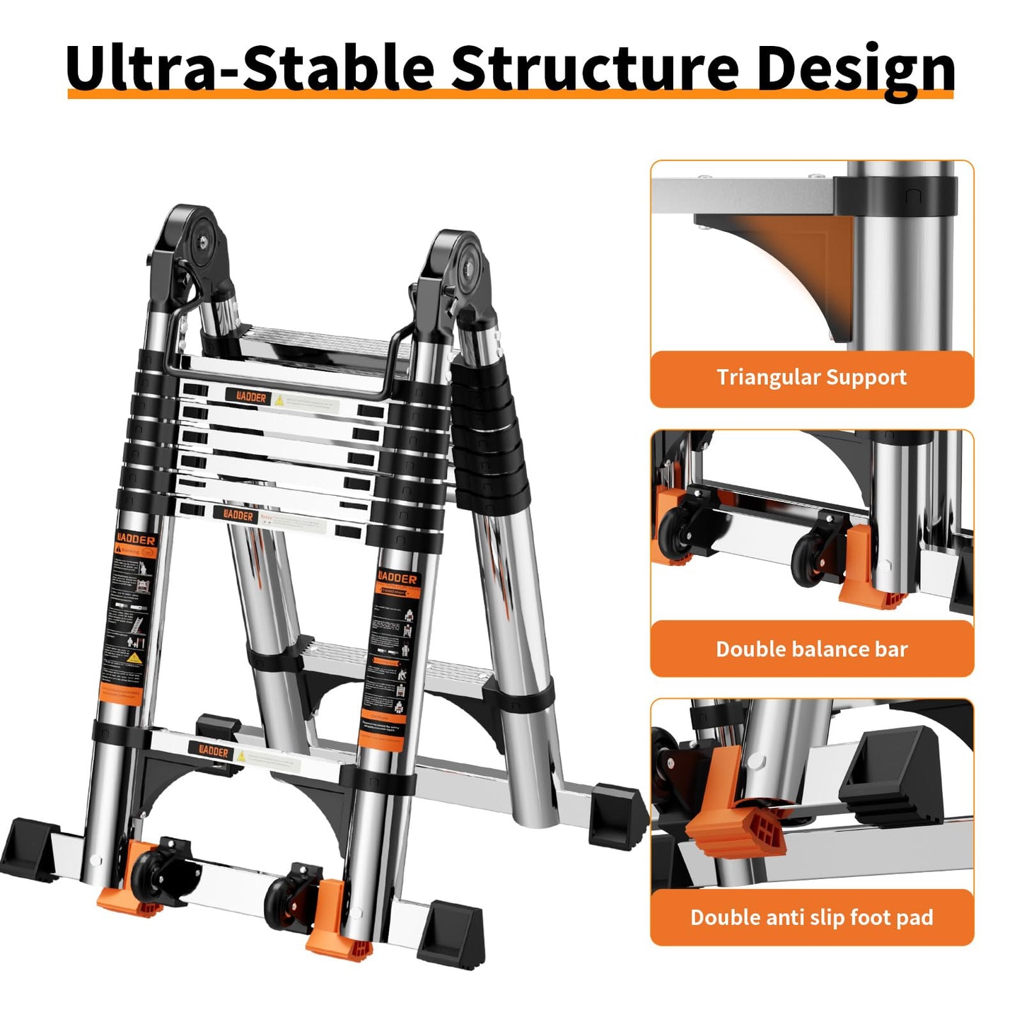 Telescoping Ladder A Frame,Telescopic Ladder for Home, Roof, RV，16.5 Ft Stainless Steel Extension Ladder with Dual Balance Bars,Wheels and 2 Triangle Stabilizers，330 lb Capacity (16.5FT-A Frame PRO)