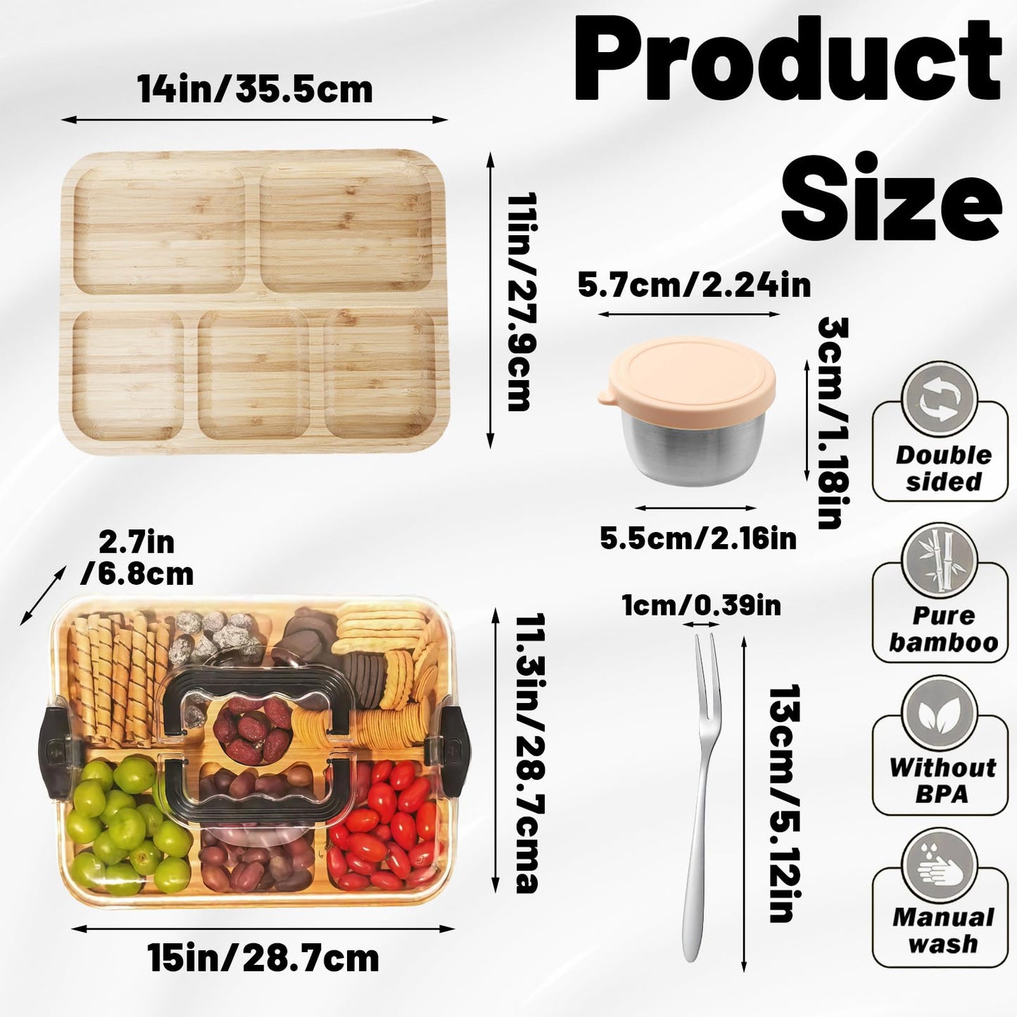 15×11" Charcuterie Boards with Lid, Bamboo Cheese Board Cutting Boards with Locking Clear Cover, Portable Serving Tray - 5 Compartments for Kitchen, Picnic, Party, Housewarming, Wedding Gift