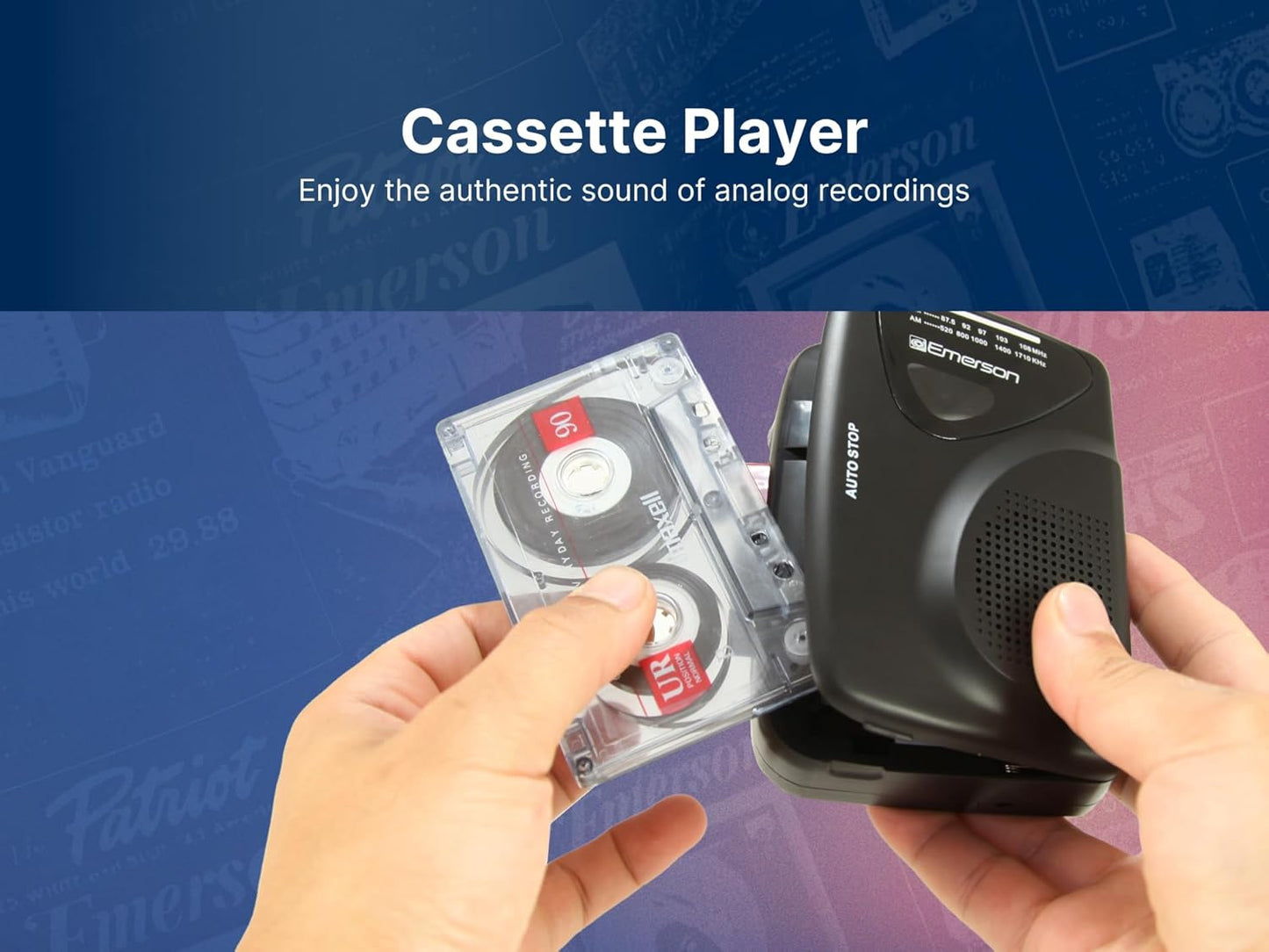 Emerson EPC-1000 Cassette 3.5mm Cassette Portable Player & Recorder with AM/FM Radio, Built-in Speaker, Headphone Jack
