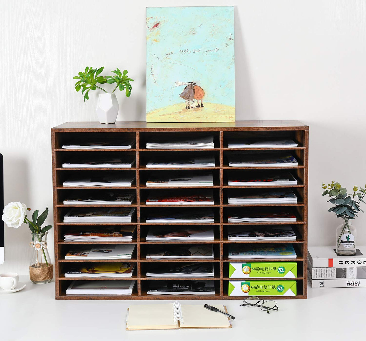 EasyPAG 27 Compartments Wooden Literature Organizer with Adjustable Shelves, 13500 Sheets Capacity Paper Organizer, Classroom Mailbox and Mail Sorter for Teachers and Office, Archaize