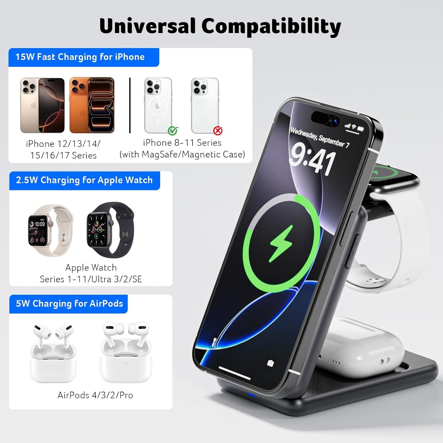 Acer 3 1 S3 in Charging Station for Apple Device, Magnetic Wireless Foldable Fast Charger Stand Compatible with MagSafe