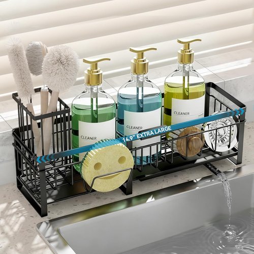 Aurblozen Extra Large Extendable Sponge Holder - Rustproof Kitchen Sink Caddy Organizer | Black