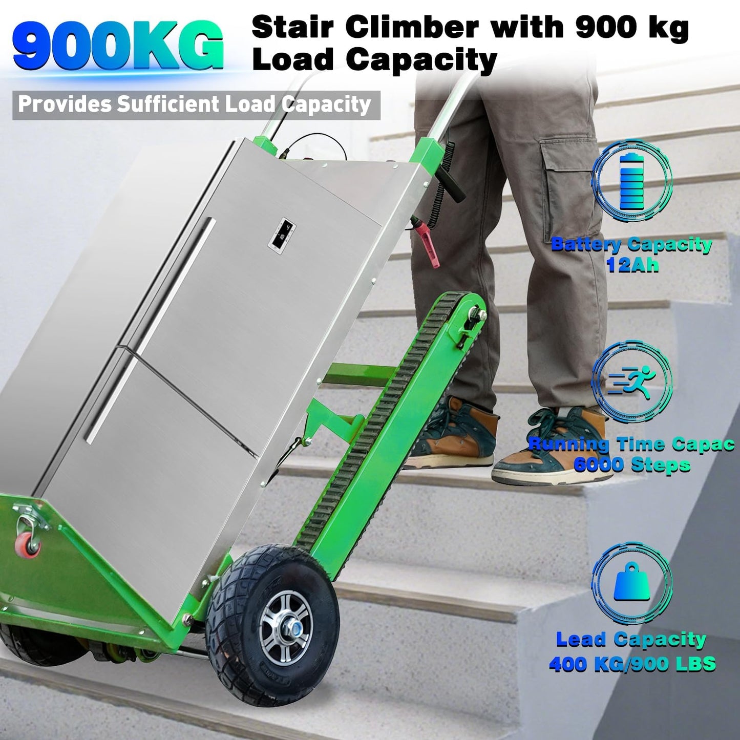 Electric Stair Climbing Dolly, Heavy Duty Stair Climber 900lbs Capacity 1250W Motorized Hand Truck with Ropes & Foldable Design for Moving Furniture