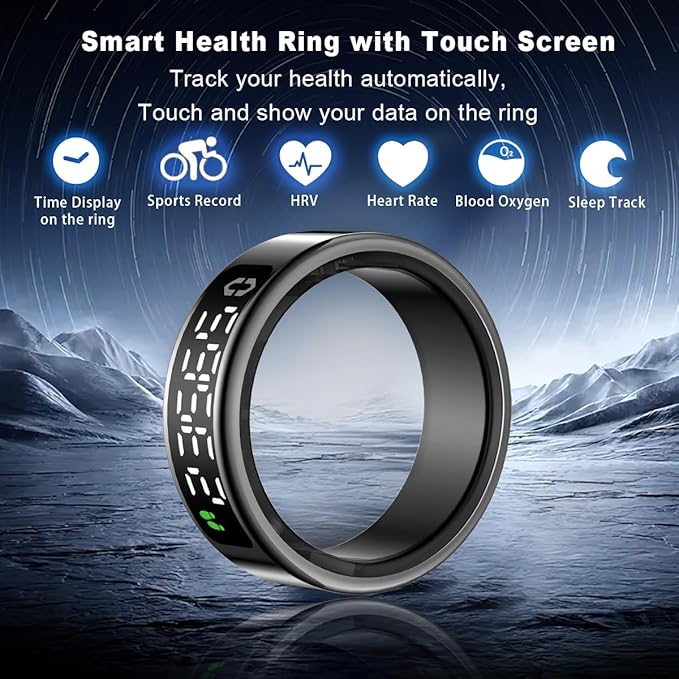 Smart Health Ring with Screen,for Women Men Fitness Tracker Heart Rate, Blood Oxygen, HRV, Sleep Monitoring, Step Counting, IP68 for iPhone and Android, No Subscription Fee (Black, 12#)