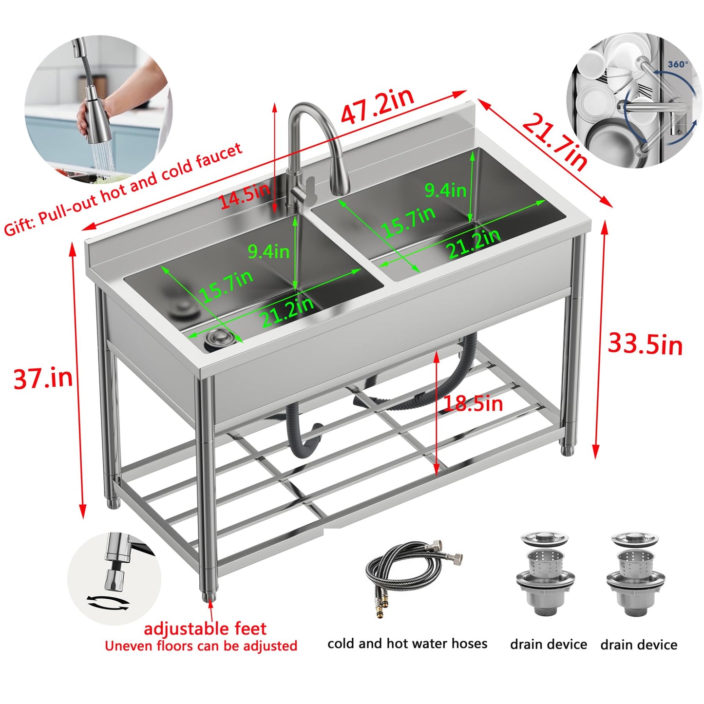 GGW 2-Compartment Commercial Sink, Stainless Steel Utility Sink with Pull-out Faucet, Free Standing Double Bowl Kitchen Sink for Restaurant, Garage, Shop, Cafe, Outoor, 21.7"D x 47.2"W x 37"H