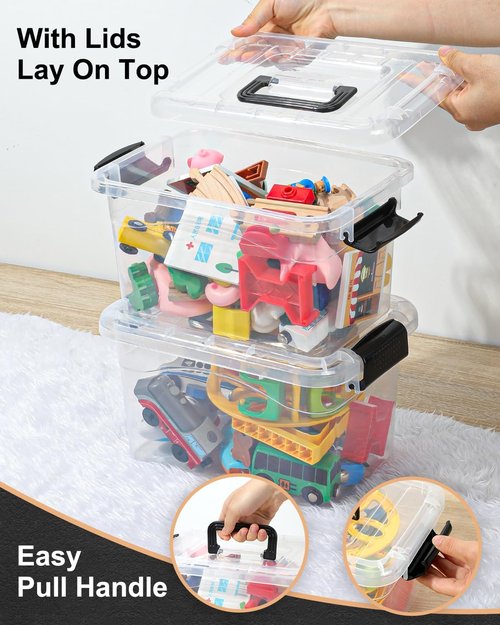 EOENVIVS Plastic Storage Bins - 7 Quart Stackable Organizer with Black Buckle Lids | Clear, 6 Pack for Home & Office
