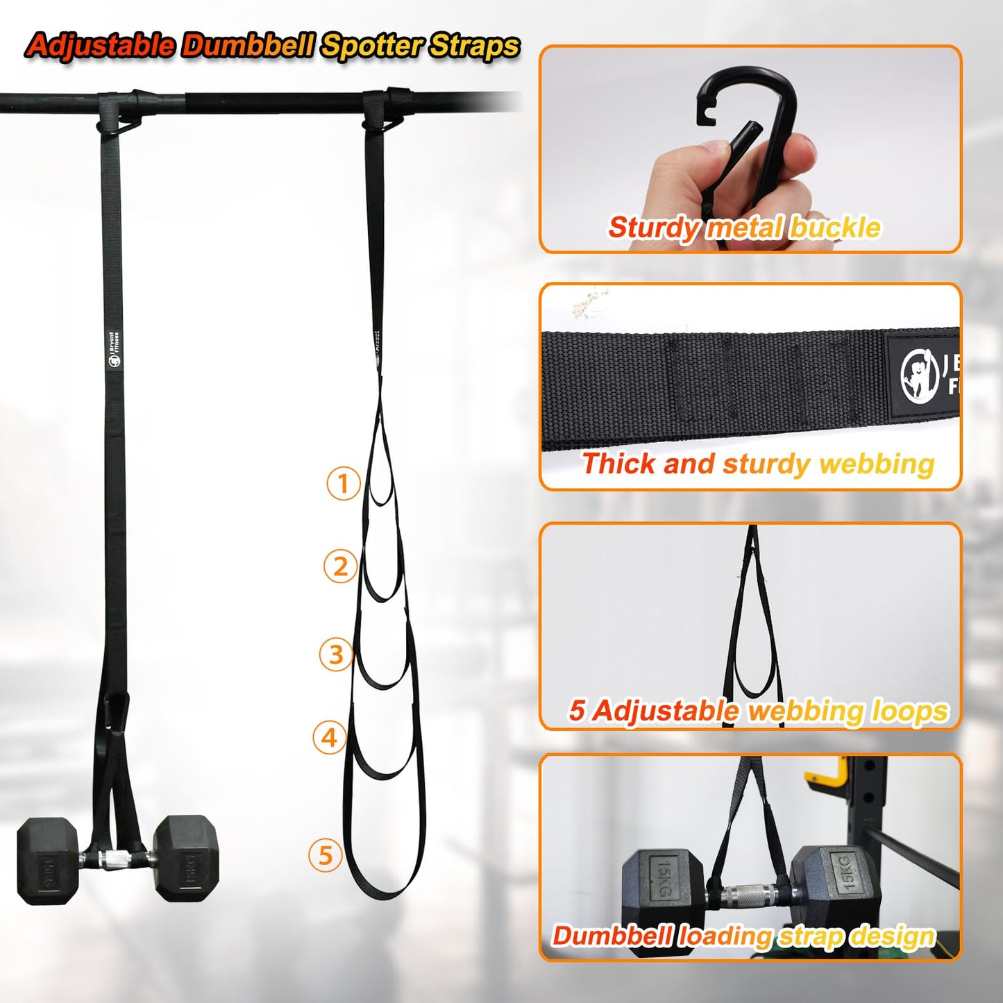 J Bryant Adjustable Dumbbell Spotter Straps – Heavy Duty Weight Lifting, 220LB Capacity Per Strap, 5 Quick-Adjust Positioning Points, Compatible with Squat Racks & Pull-Up Bars for Home & Gym