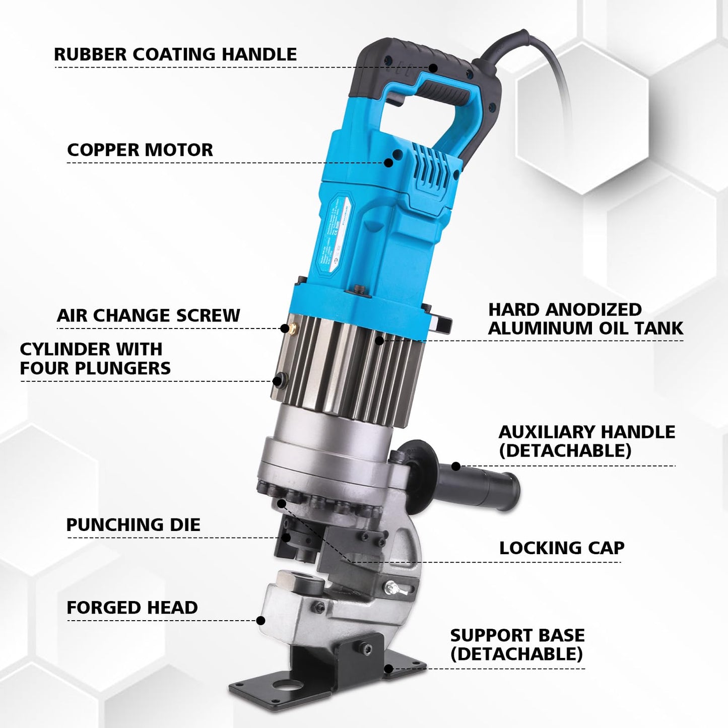 CENTALL 1300W Electric Hydraulic Hole Puncher Φ1/4"-4/5" Hydraulic Punching Machine Punching Tool Portable Punch Machine with 5 Dies for Iron Copper Aluminum Plate Angle Steel PM20 (Blue)